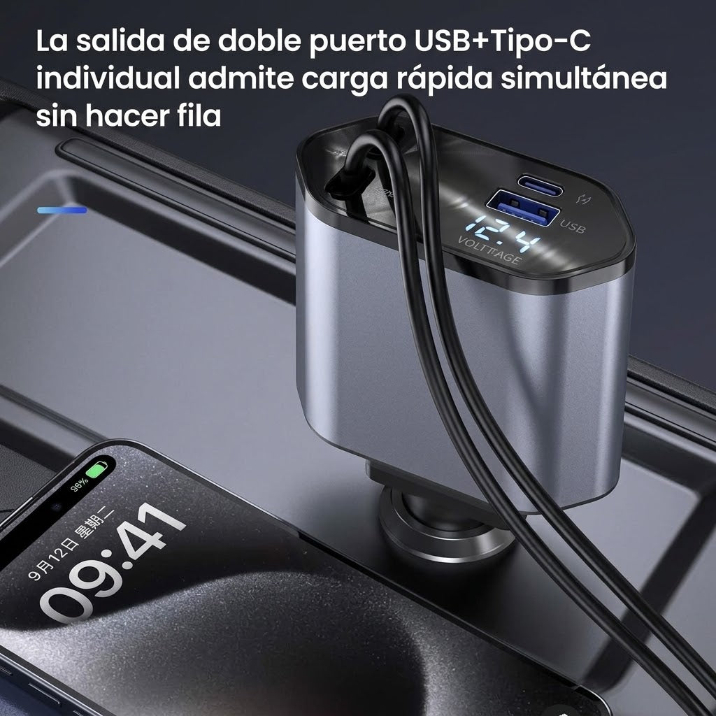 Cargador vehicular retráctil con pantalla digital y carga rápida #CodAV
