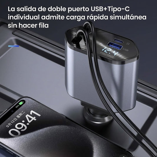 Cargador vehicular retráctil con pantalla digital y carga rápida #CodAP